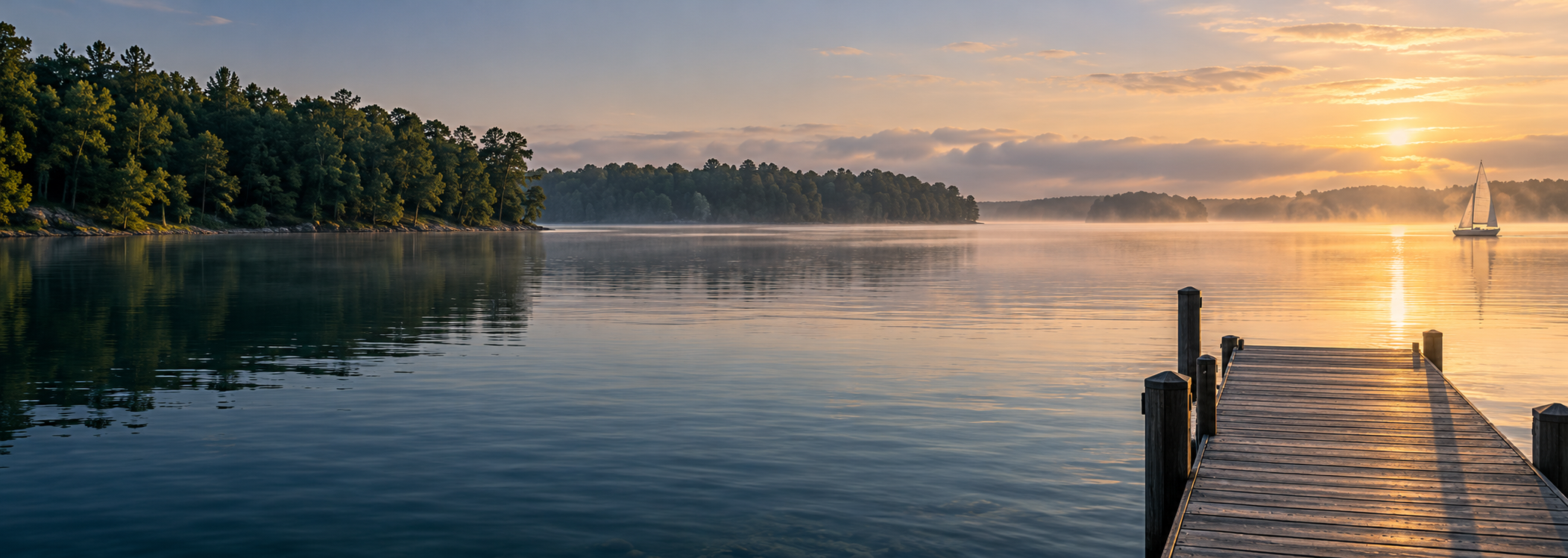 A peaceful Minnesota-inspired lakeside scene with a dock and distant sailboat